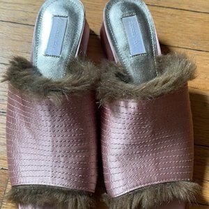 Glamorous Suzanne Rae Pink Satin Faux Mink Fur Trim Mules Slides